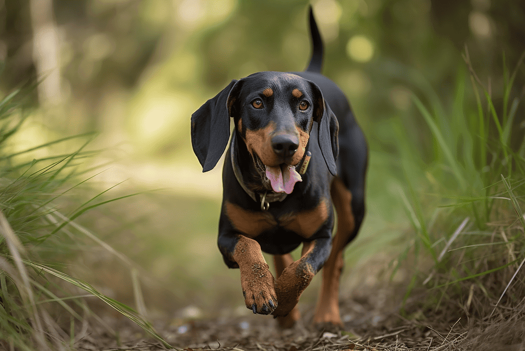 Dog running on nature trail during daytime.