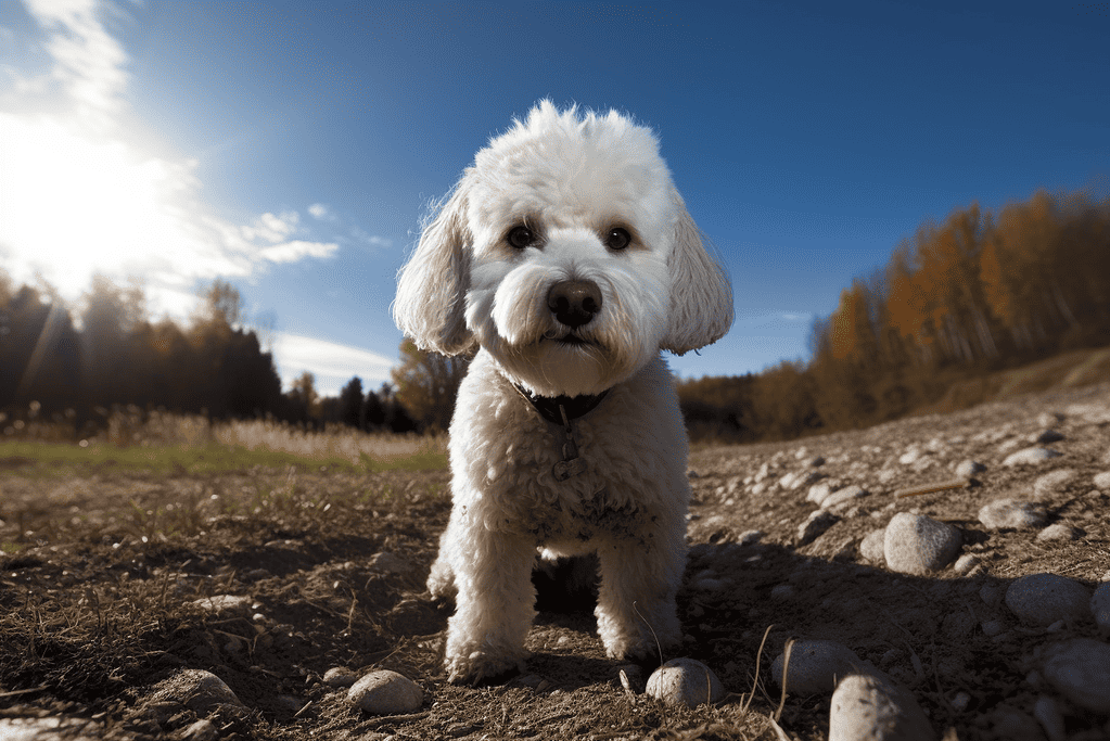 Dog, small dog, outdoor walk, nature, furry companion, pets, sunny day, landscape.