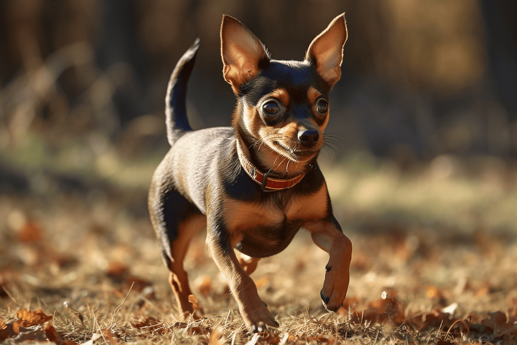 Adorable small dog, possibly a Chihuahua, running outdoors in a park during fall with leaves on the ground.