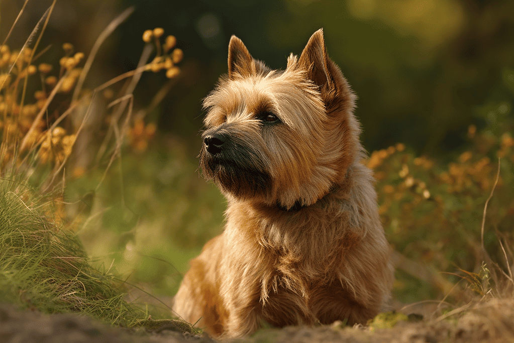 Dog sitting outdoors amid fall foliage.