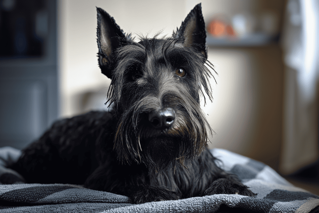 Black Scottish Terrier lying on a blanket, indoor home setting.
