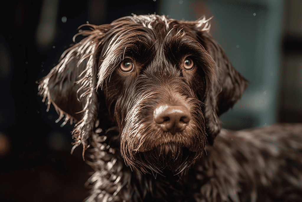 Close-up of cute brown labrador with wet fur, eyes looking at camera, in shower or bath setting, clean dog grooming.