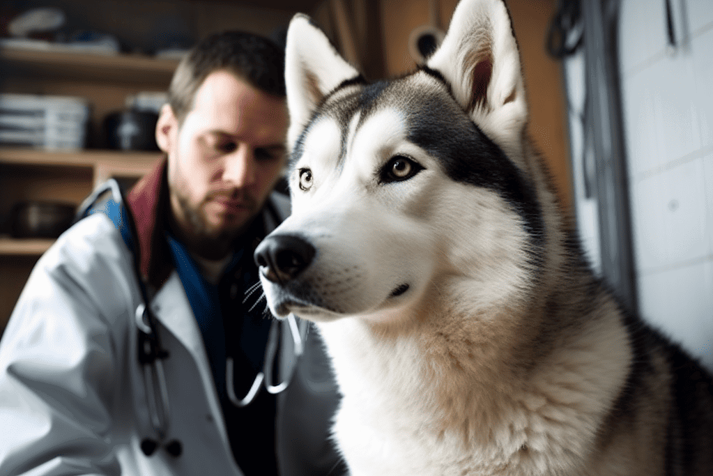 Husky dog getting a checkup from a veterinarian in a clinic setting.