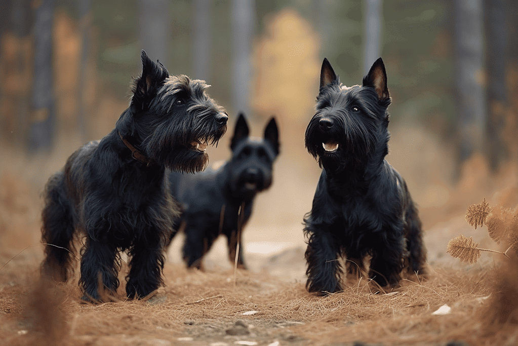 Adorable Scottish Terriers exploring outdoors in autumn. Playful and loyal dogs for active families.