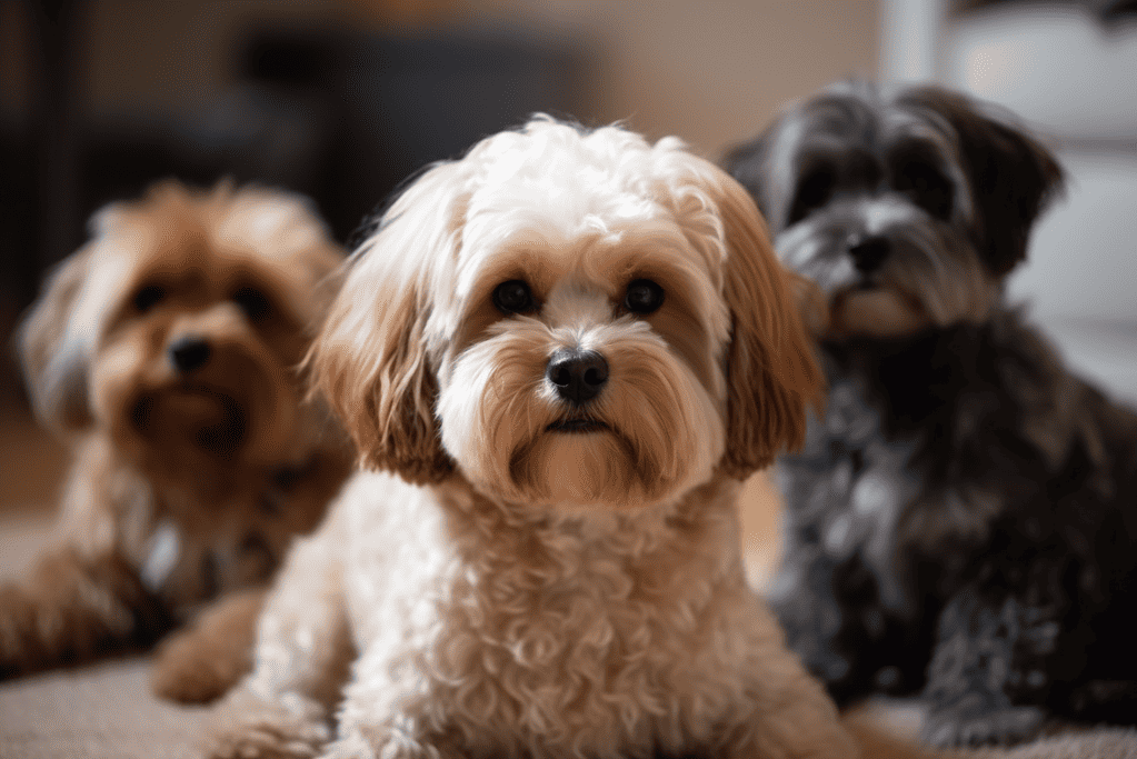 Adorable dogs sitting comfortably, showcasing happy pet care at home.
