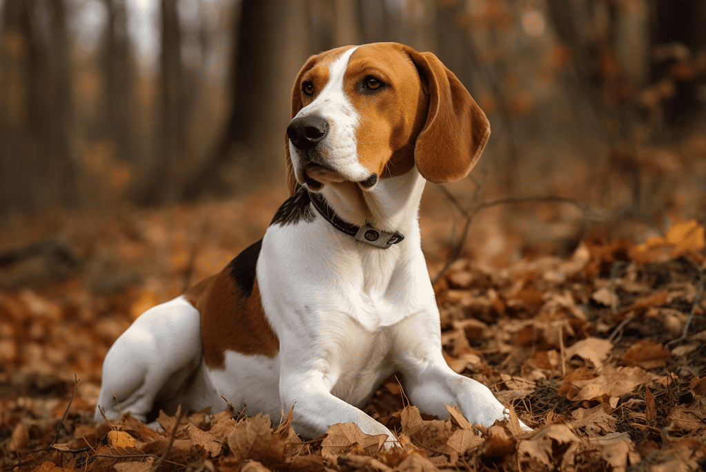 Adorable Beagle dog resting on fallen autumn leaves in a scenic forest setting.