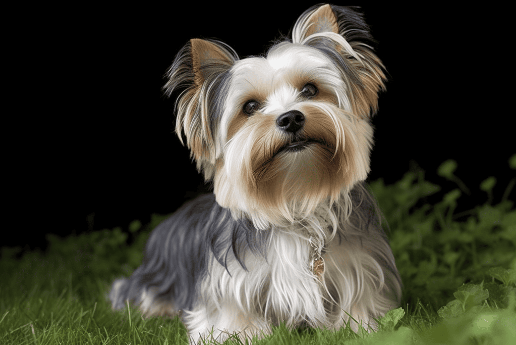 Dog sitting on grass with black background.