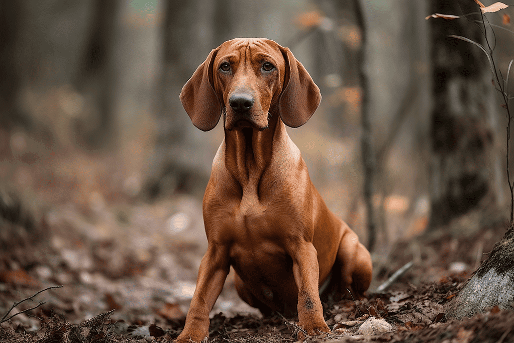 Adorable brown hound dog in a forest, sitting on fallen leaves, looking curious.