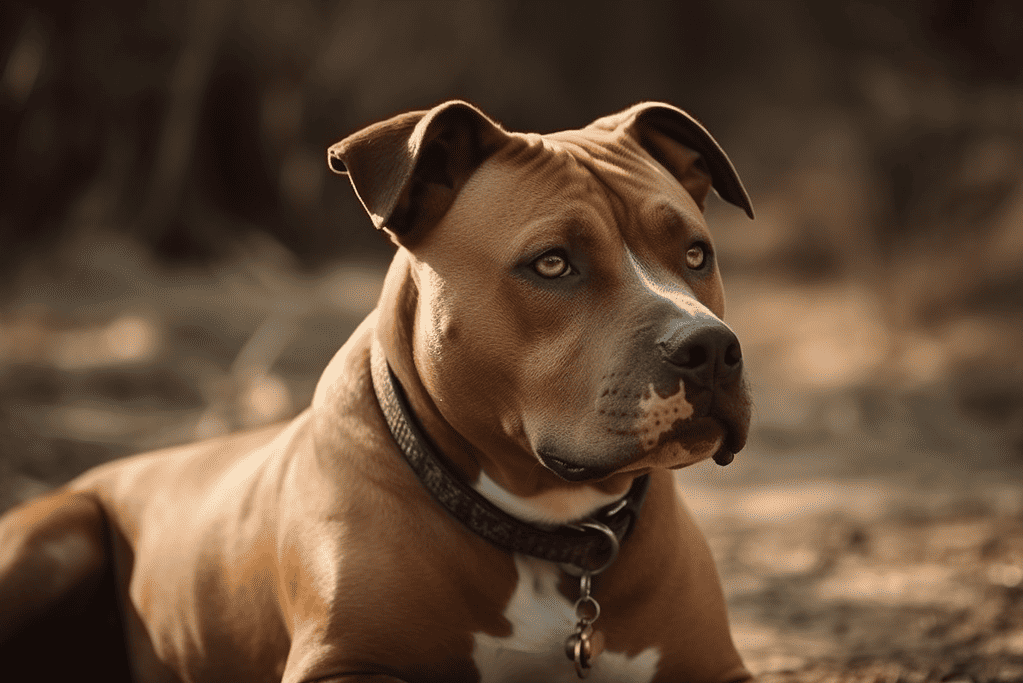 Dog with brown coat and striking eyes looks alert while resting on the ground in natural light.