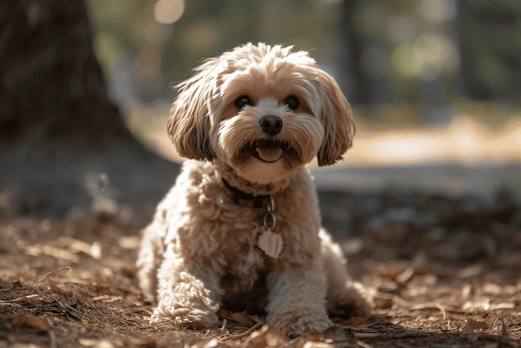 Adorable small dog sitting on autumn leaves, bark collar, happy expression, natural park background.