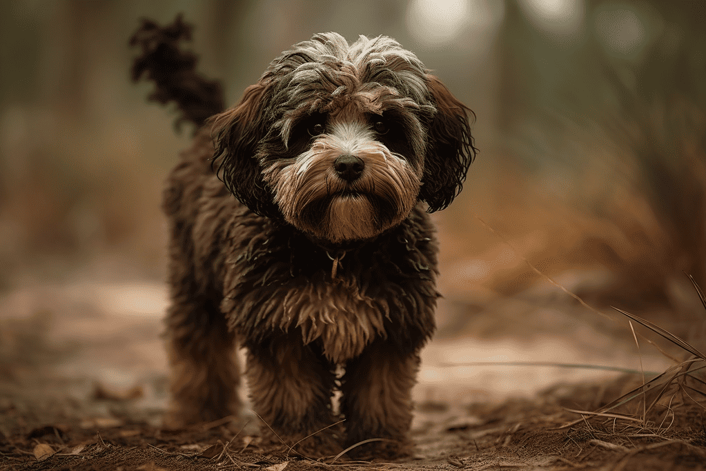 Cute curly-haired puppy standing on a natural outdoor trail in warm tones.