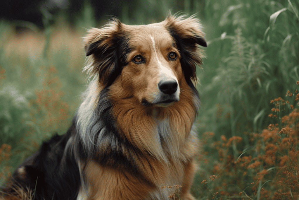 An Australian Shepherd enjoying a peaceful moment in a lush, green environment.