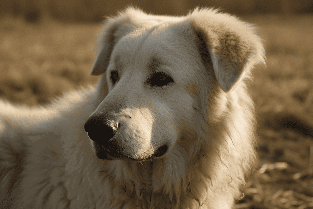 Dog with cream-colored, fluffy fur resting outside in the sun.