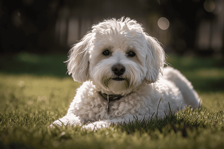 Adorable white doodle laying on grass outdoors, showing relaxed and friendly pet care.