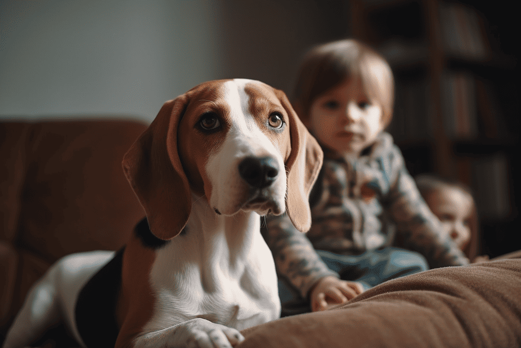 Beautiful indoor dog and child companionship.