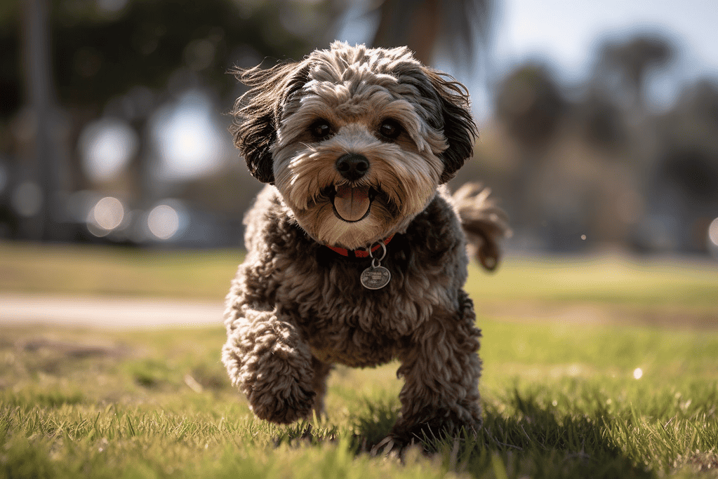 Adorable small dog joyfully running in the park, showcasing happiness and energy.