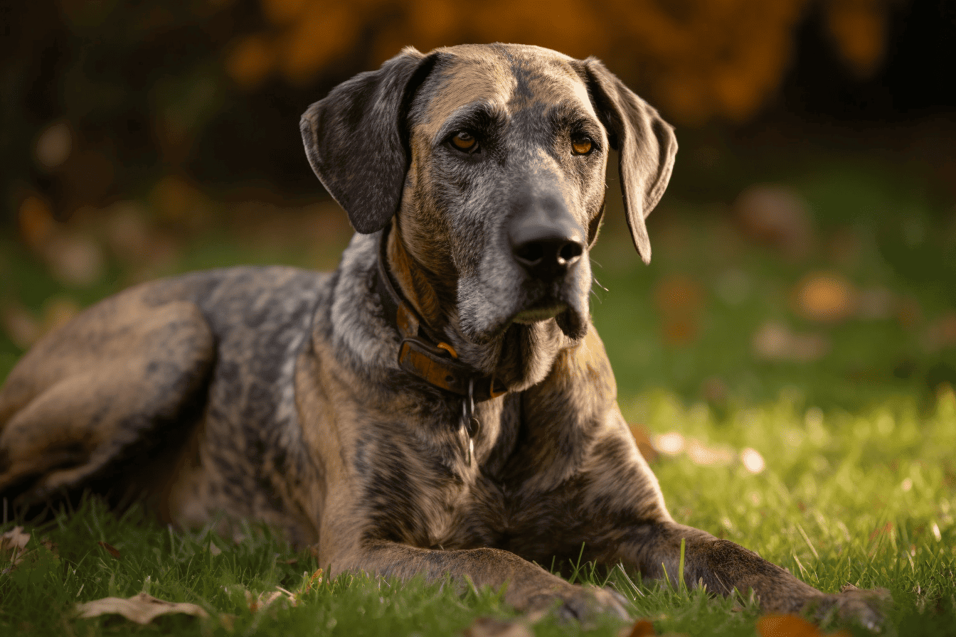 Dog lying on green grass during fall, looking alert with autumn foliage background.