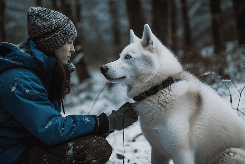 Husky dog and owner in winter forest.