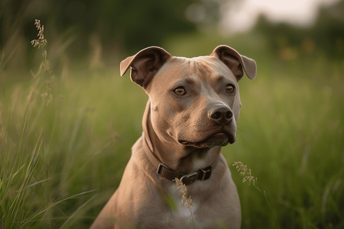 Dog posing in grassy field with a calm expression and attentive eyes.