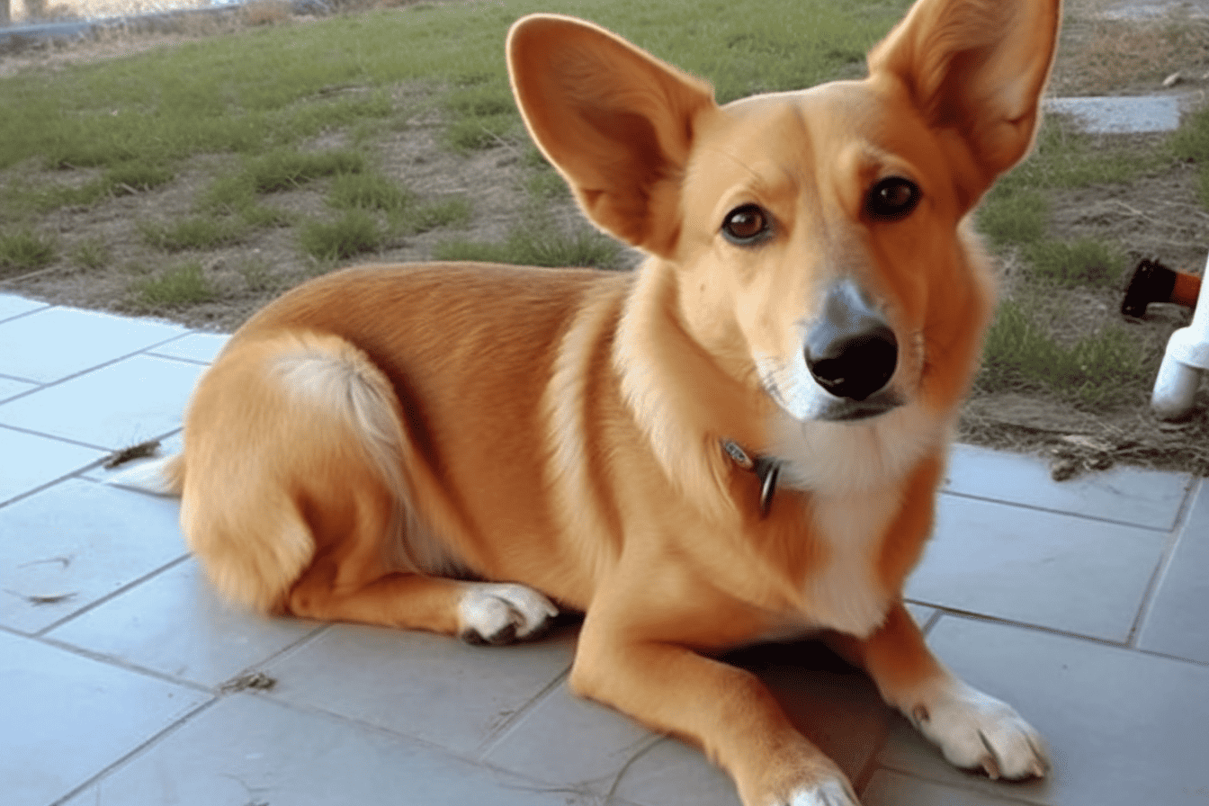 Cute corgi lying on tiled patio with outdoor grass background.
