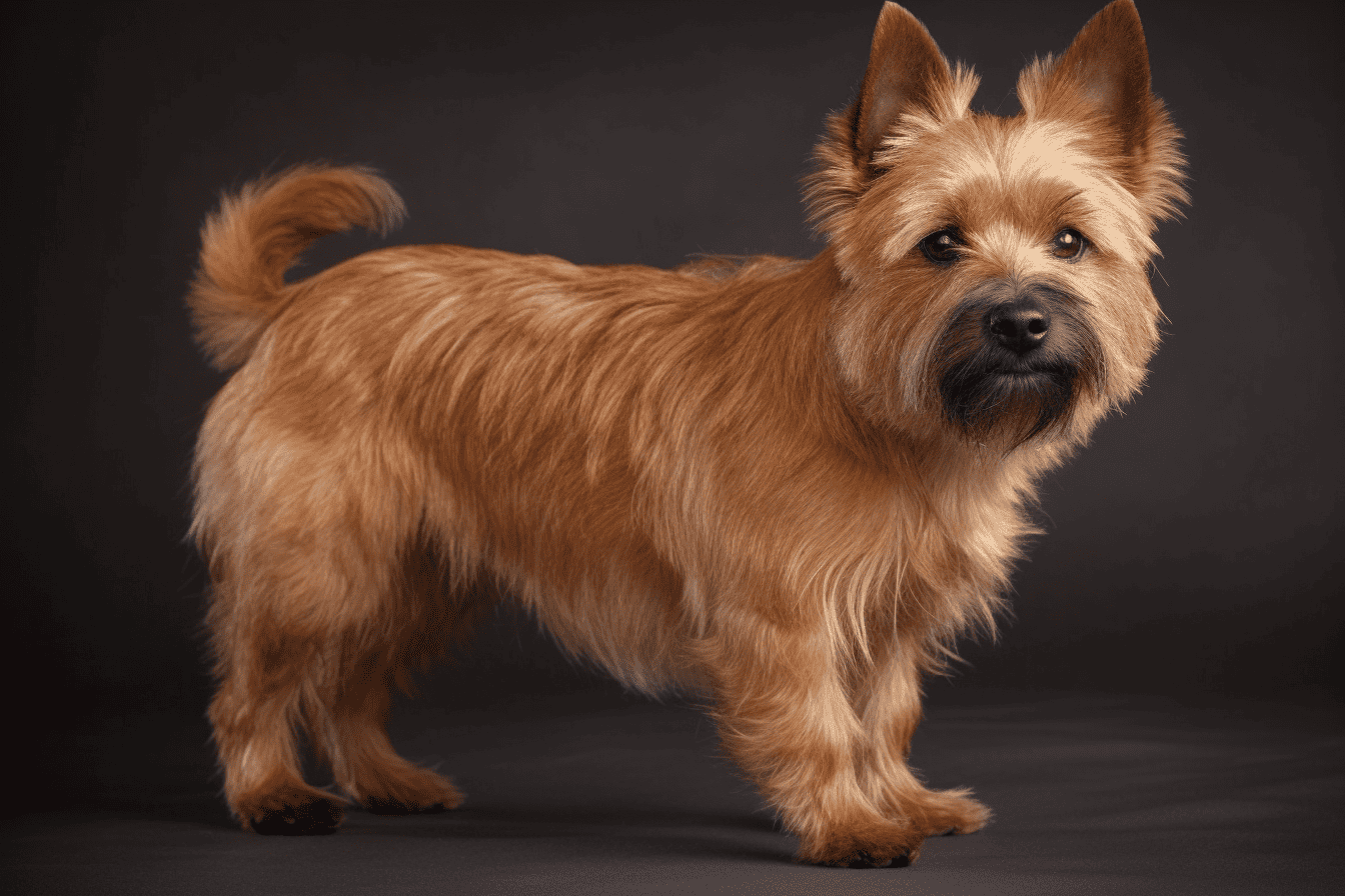 Adorable miniature dog with fluffy fur, standing on a black background, showcasing its charming expression.