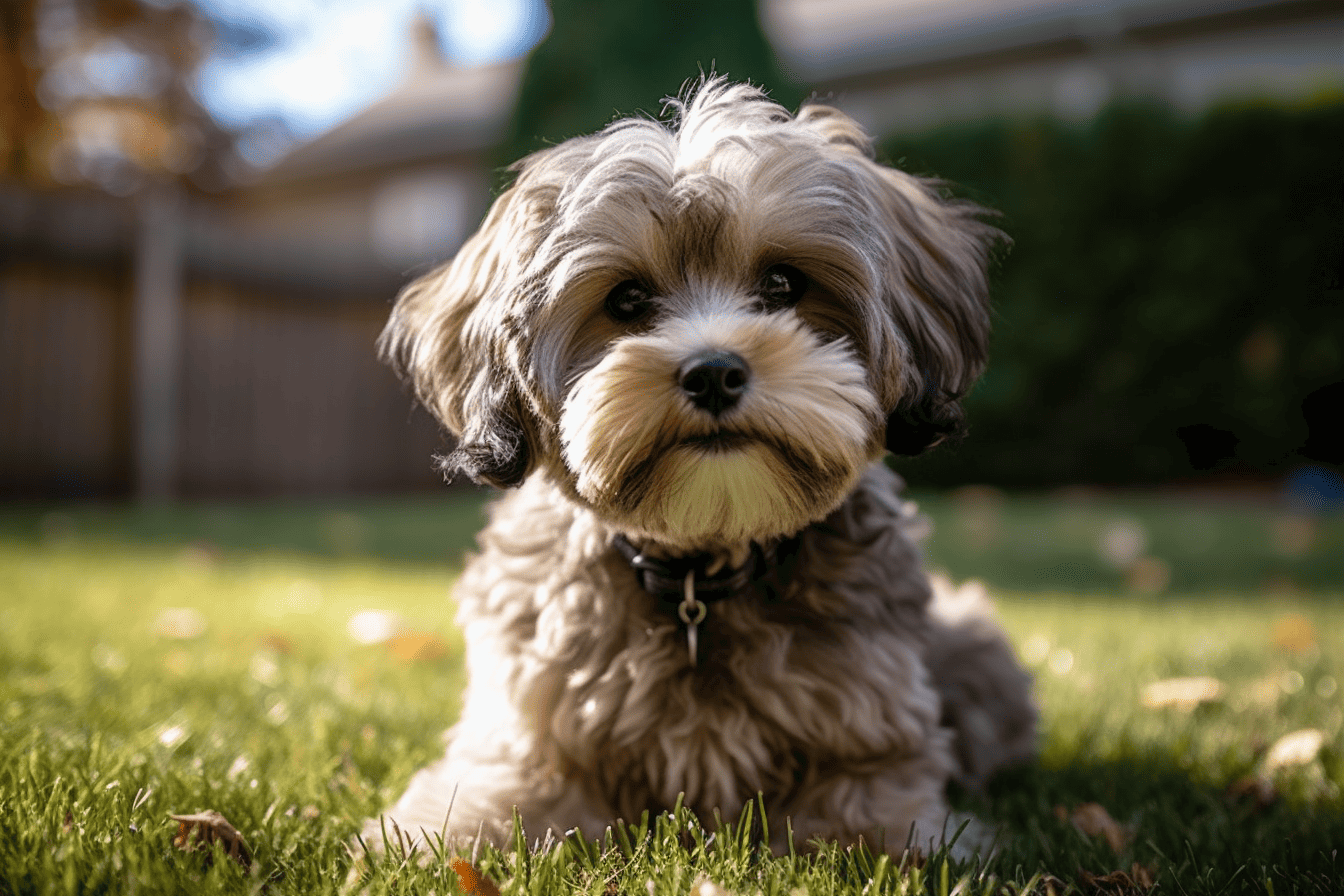 Adorable puppy sitting on grass, perfect for pet care and dog grooming.