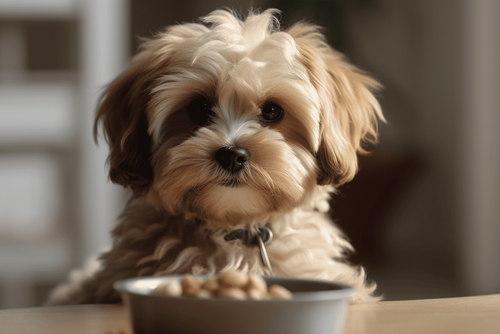 Adorable dog puppy eating food, perfect for pet care and dog feeding tips.