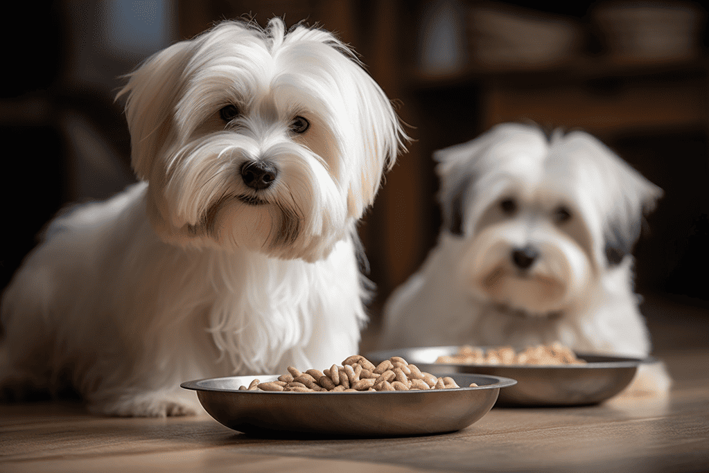 Cute small dogs with food bowls of dry dog food.
