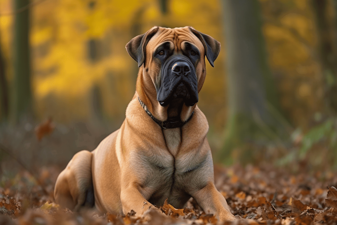 Dog sitting on fallen leaves in a vibrant autumn forest background.