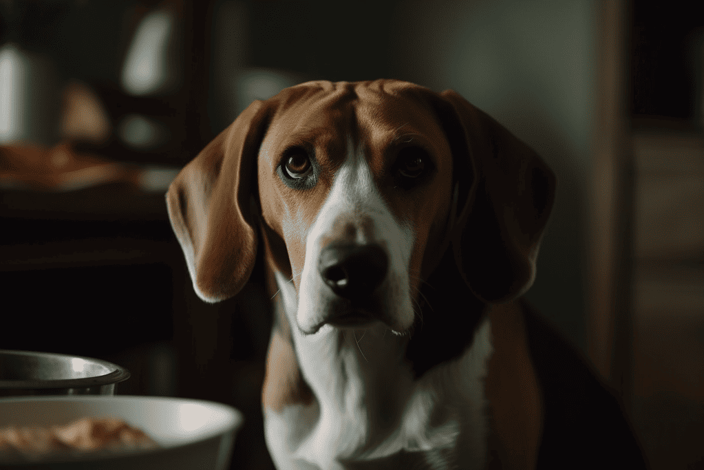 Cute beagle dog patiently waiting for food indoors.