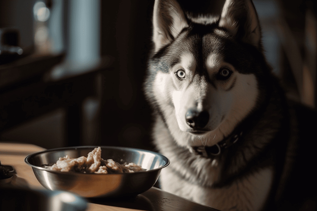 Husky dog with piercing blue eyes waiting for food at home.