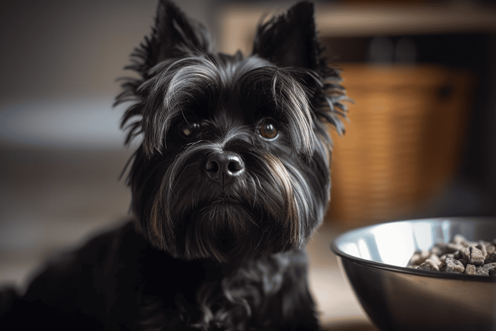 Dog with black fur and expressive eyes looking at the camera near a bowl of dog food.