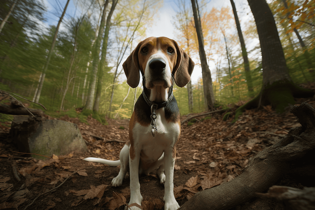 Adorable hound sitting outdoors in fall forest, perfect for dog walking, hiking, and nature adventures.