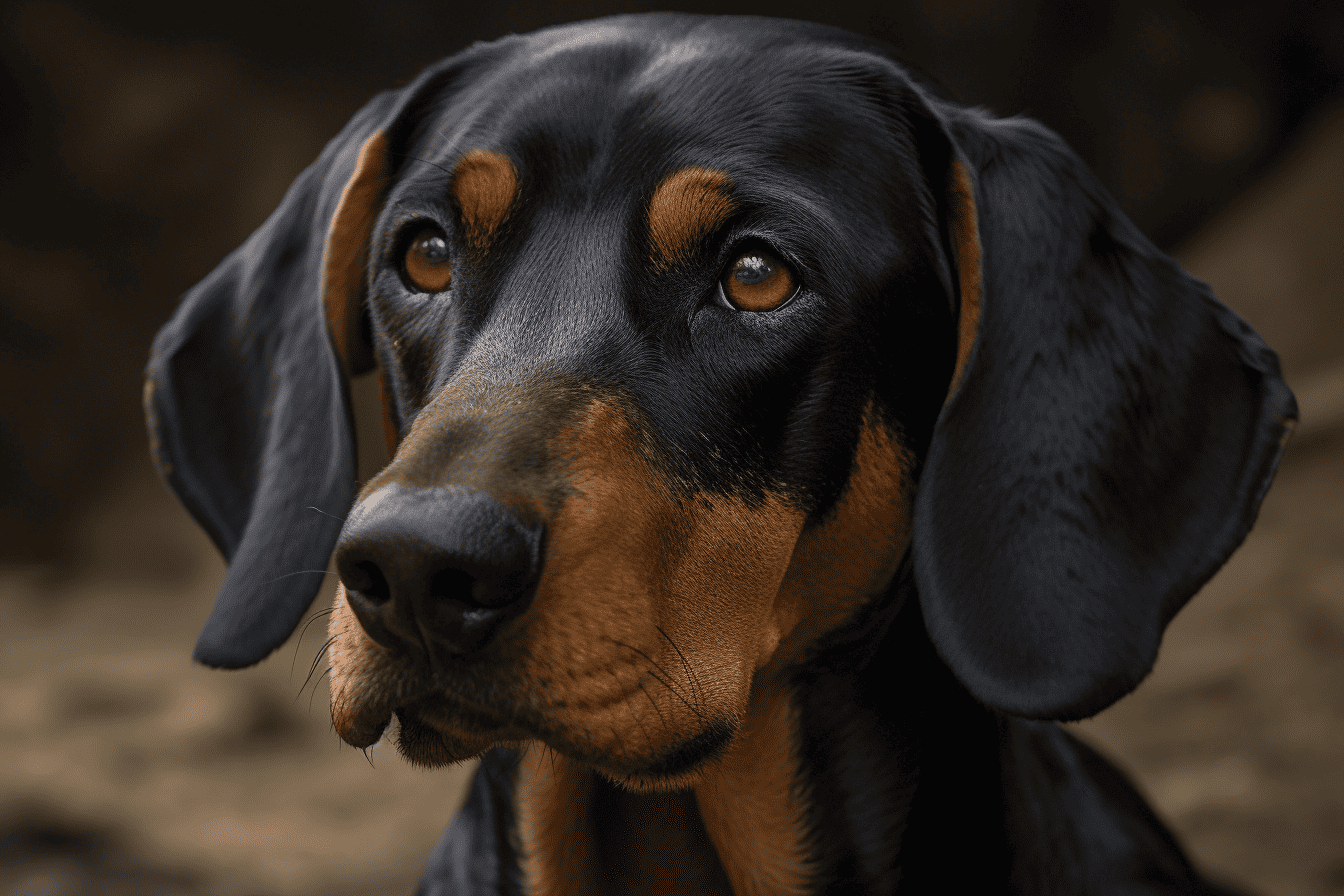Close-up of a black and tan Dachshund dog, highlighting its expressive eyes and long ears.