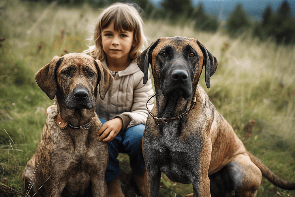 Adorable girl with two Mastiff dogs enjoying outdoor nature walk.