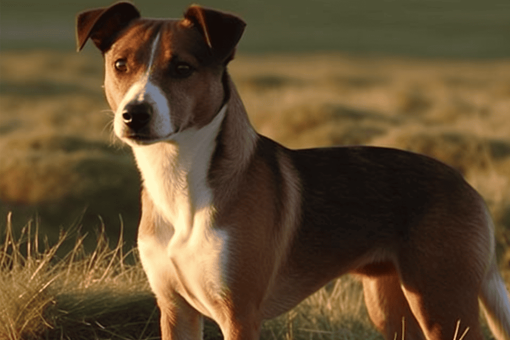 Dog sitting calmly in a grassy field at sunset.