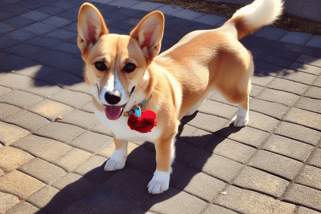 Adorable Corgi puppy walking outdoors on brick pathway, smiling with a red heart-shaped toy around its neck.