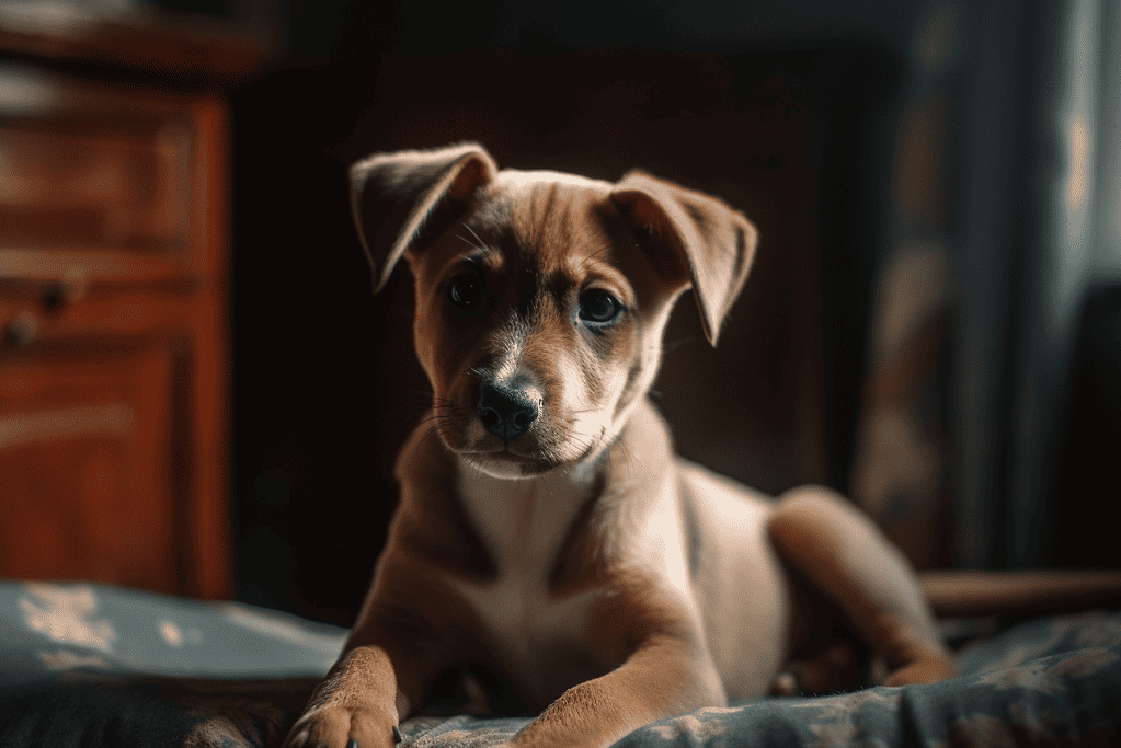 Adorable puppy relaxing indoors on cozy bed in warm lighting.