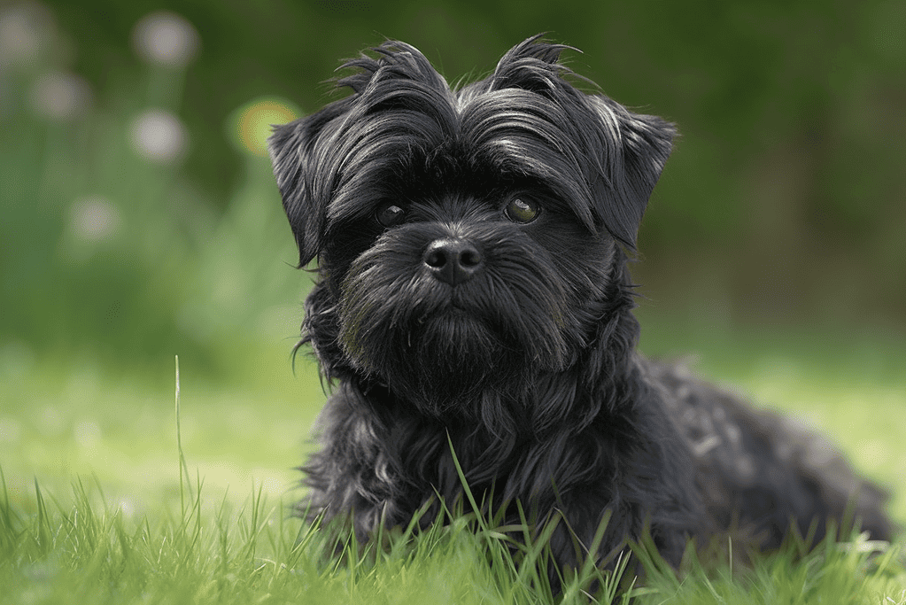 Adorable black terrier dog lying on grass with blurred green background, showcasing playful and loyal pet companionship.