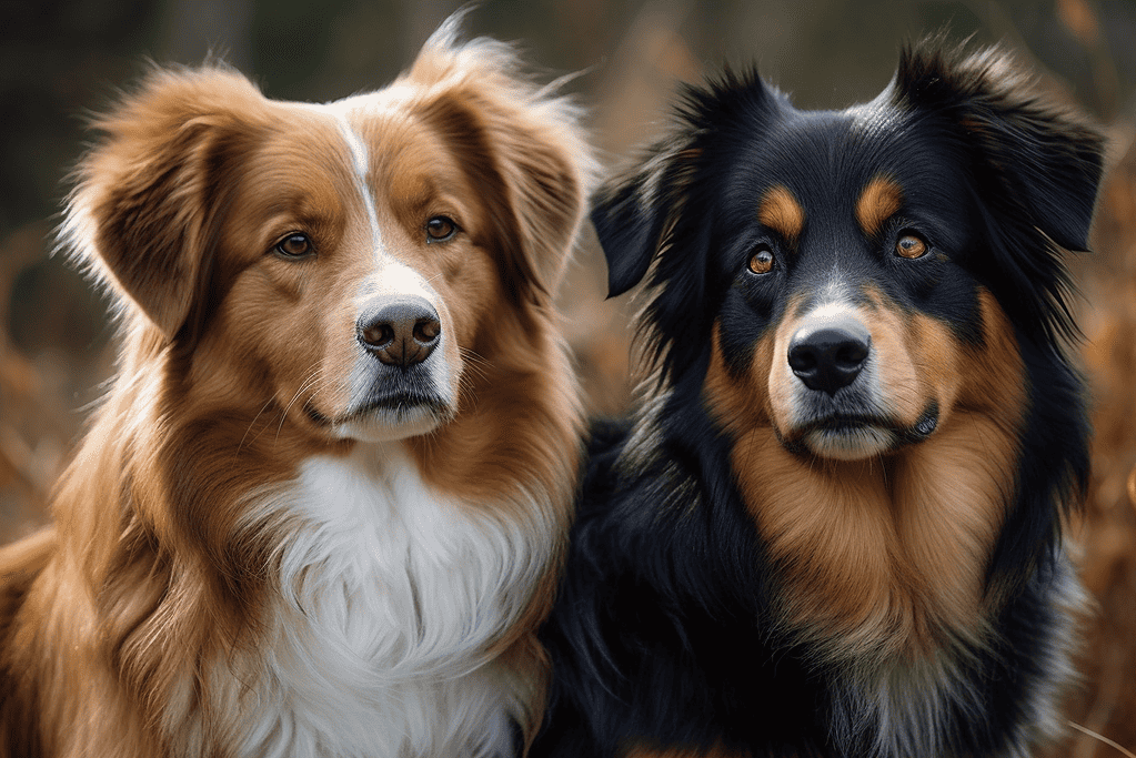 Adorable Australian Shepherd and Bernese Mountain Dog looking as a couple in fall background. Perfect for dog lovers and pet care.