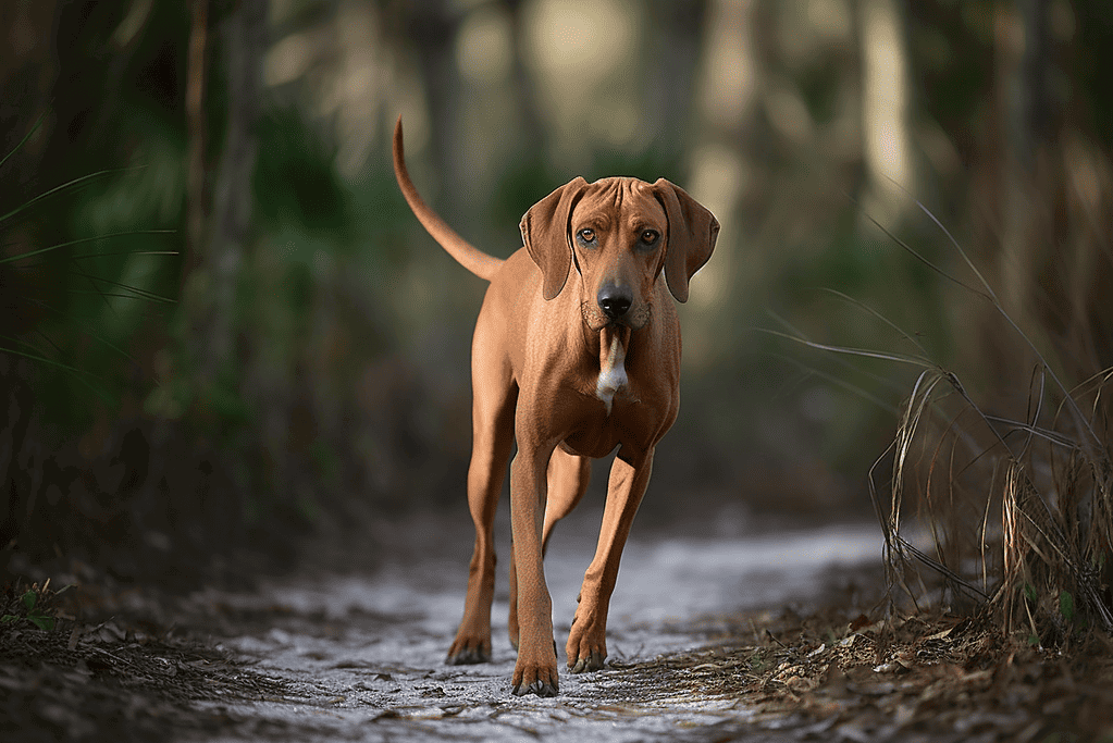 Dog walking in wooded area during daytime.