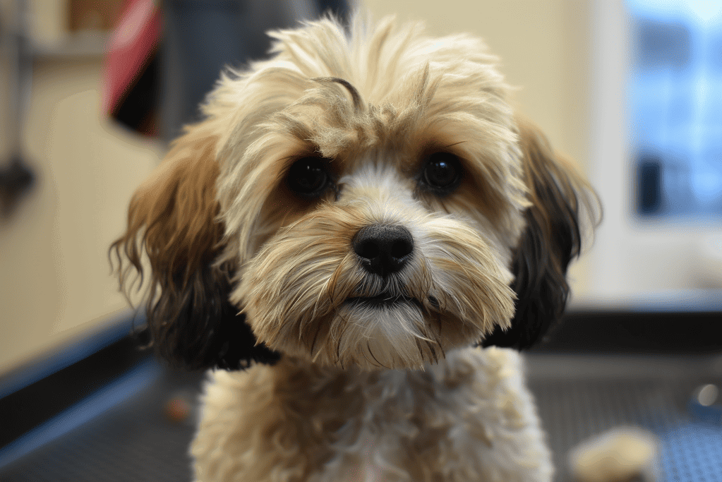 Adorable fluffy dog with freshly groomed coat at dog grooming salon.