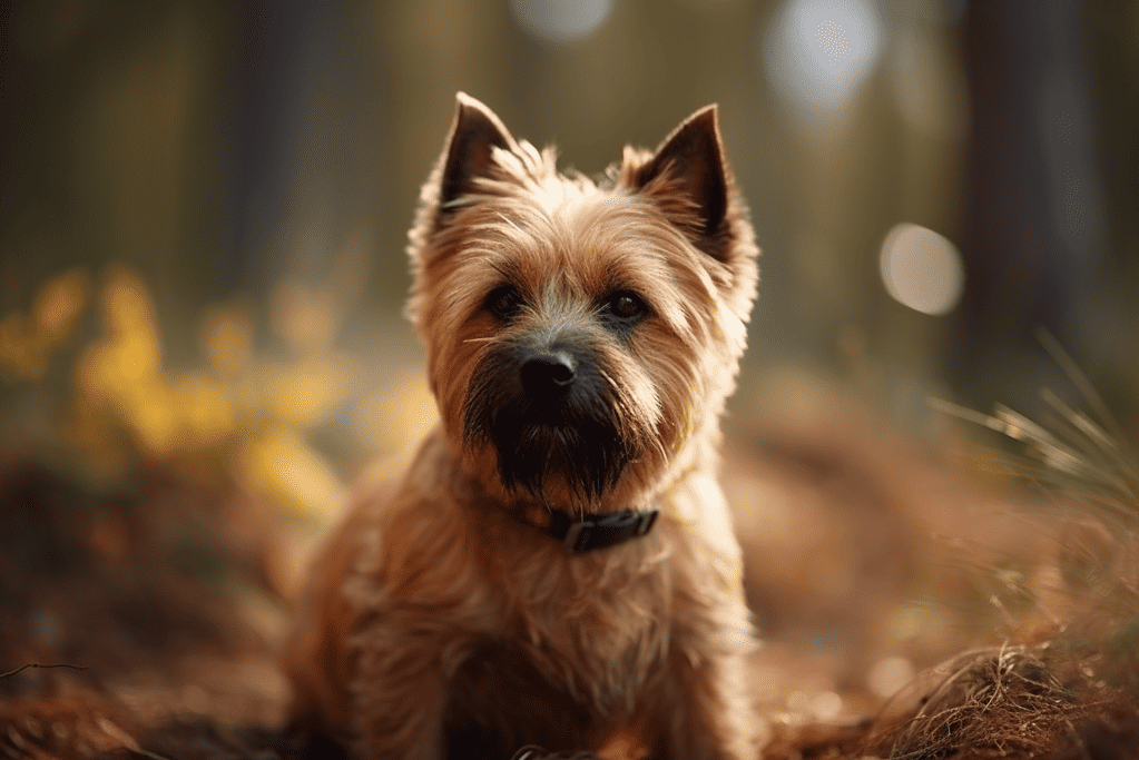 Cute dog portrait of a Yorkshire Terrier outside in natural light, with a blurred forest background.