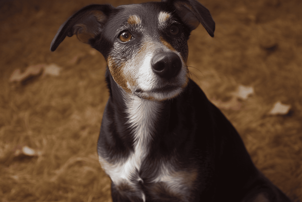 Cute mixed breed dog with expressive eyes, sitting on earthy ground, looking curiously at the camera.