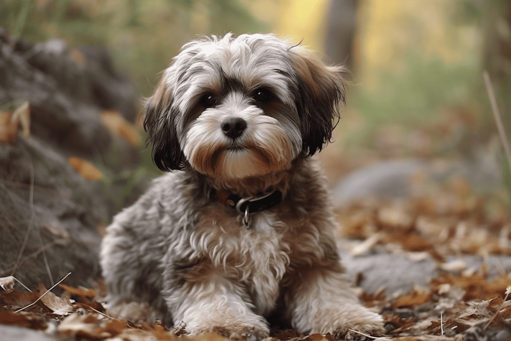 Adorable fluffy dog sitting outdoors on autumn leaves, enjoying a walk in the woods. Perfect for pet and dog lovers.