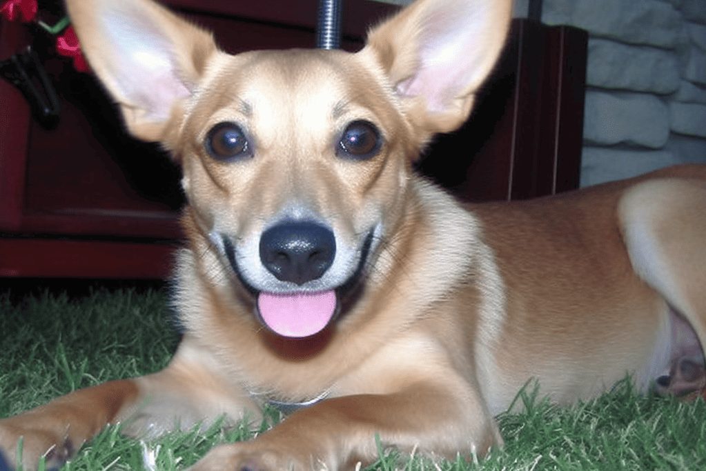 Adorable dog resting on grass with alert ears and cheerful expression.