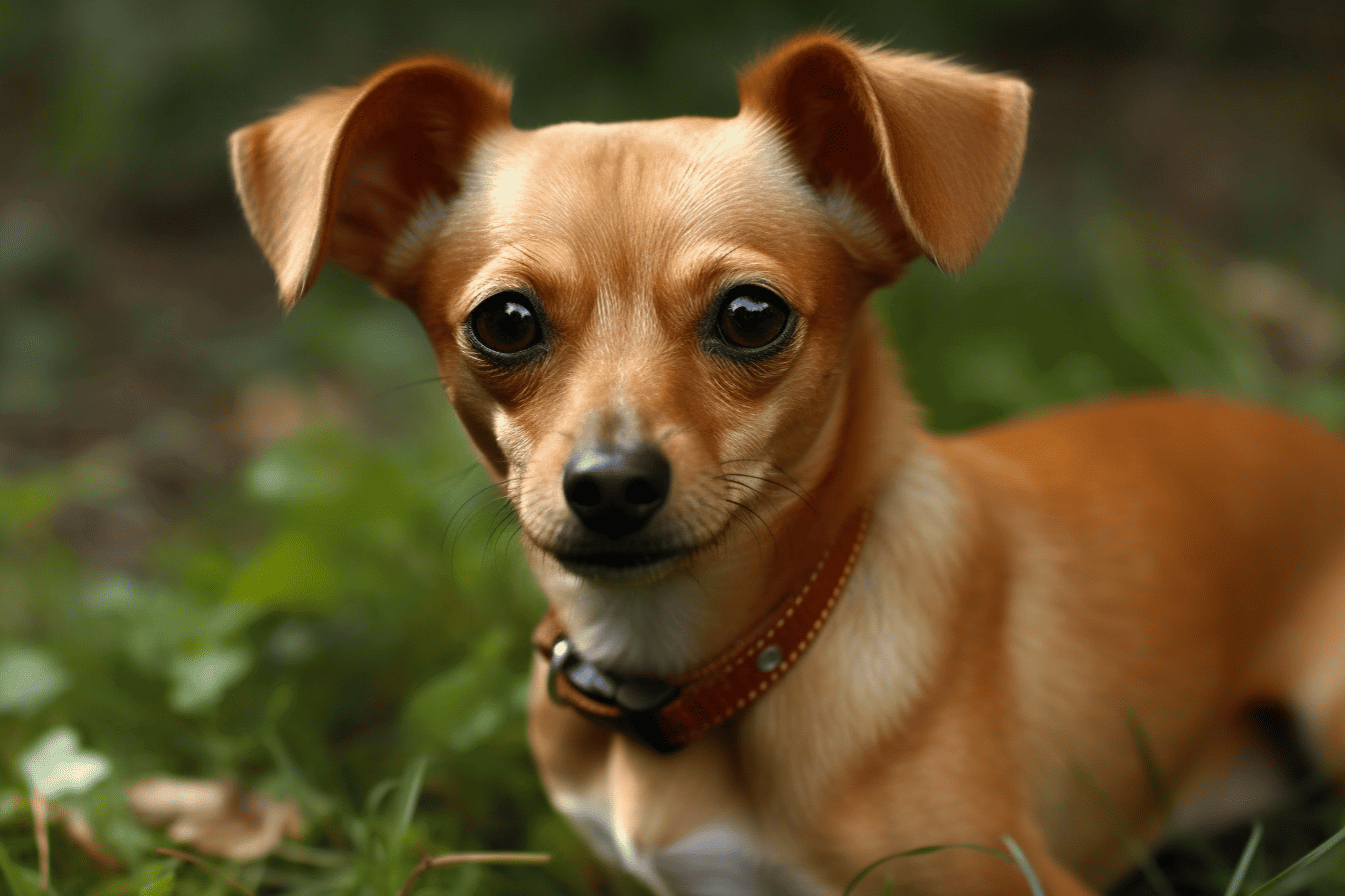 Adorable small dog with brown fur and expressive eyes sitting on green grass.