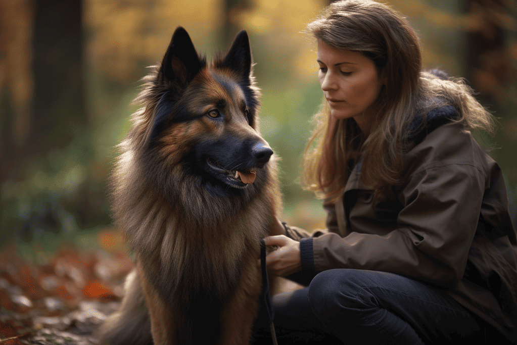 Beautiful dog with a woman outdoors in autumn setting.