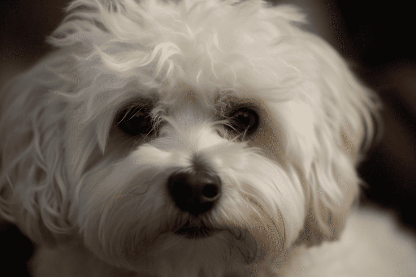Adorable small white dog with curly fur, soulful eyes, and a cute nose.