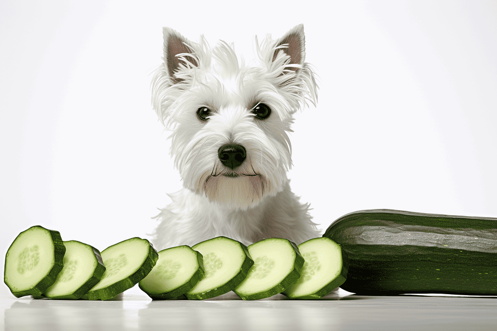 Cute dog with cucumber slices and whole cucumber, promoting healthy pet diet options.